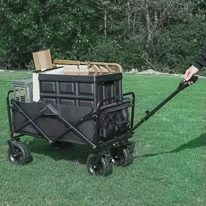 Heavy-Duty Metal & Plastic 4-Wheel Garden Cart with Side Pockets - Foldable Design, No Assembly Required, All-Terrain Utility Wagon for Lawn Care, Gardening, Camping & Outdoor Use -Durable Yard Work Cart, No Assembly Needed, Free shipping in three weeks.