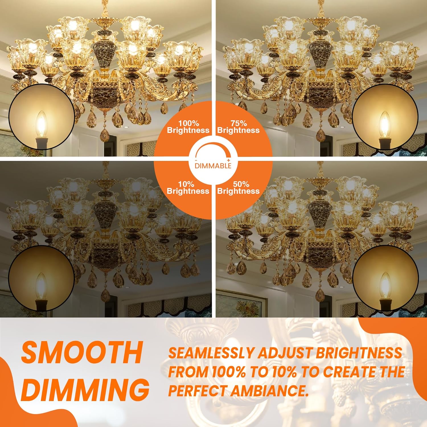 LED Filament Clear Candelabra 3000K 6W= 60W E12 CRI90 ES Dimmable- Pack of 6