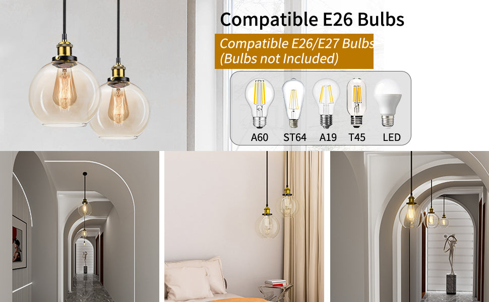 Pendant Lights Kitchen Island - 7.9 inches Island Lighting Fixtures, Glass Pendant Lights for Kitchen Island, Modern Clear Glass Globe Luminaire Suspendu for Dining Room, Socket and electric cord have passed the UL listing.Free and fast shipping
