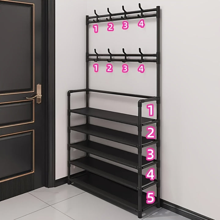 Entrance Storage Rack, 5-layer Multifunctional - Heavy-duty Shoe Rack Hanging Clothes Hook, Space Saving Independent Storage Cabinet, Suitable for Corridors, Living Rooms, Bedrooms,  Black,FAST AND FREE SHIPPING.