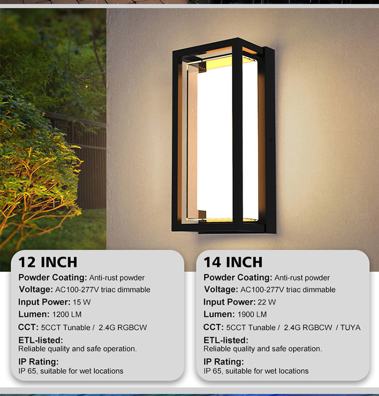 Pack of two,12Inch Lantern Wall Light Modern Outdoor Porch Patio Fixture Exterior LED Rectangle Sconce 5CCT IP65 Anti-UV PC Photocell Senso.ETL Certified,.Free Shipping delivery 45 days.