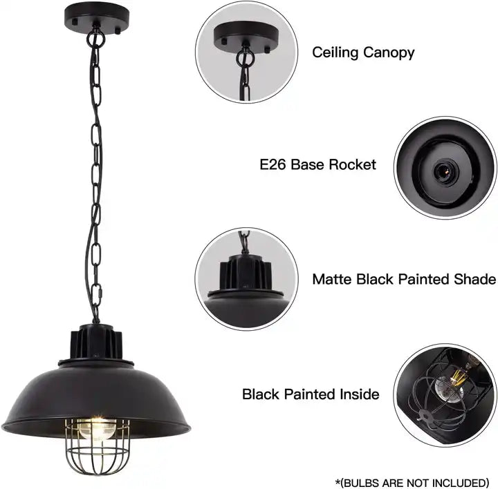 Pack of two,Black Light Pendant 12inches, Metal Industrial with Wire Cage Hanging Ceiling Light Fixture Island Light,Free shipping,to Canada in 60days.