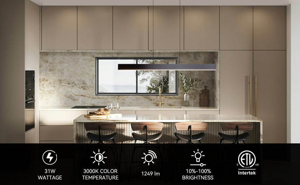 Linear LED Pendant Light Black, 31W Dimmable Dining Room Light Fixtures,ETL Certified, Modern Ceiling Hanging Kitchen Island Lighting Fixtures, 35.4"L Linear Chandelier, 3000K,fast and free shipping.