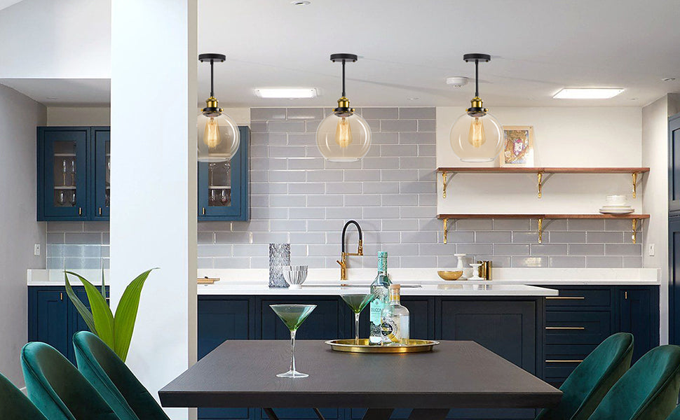 Pendant Lights Kitchen Island - 7.9 inches Island Lighting Fixtures, Glass Pendant Lights for Kitchen Island, Modern Clear Glass Globe Luminaire Suspendu for Dining Room, Socket and electric cord have passed the UL listing.Free and fast shipping