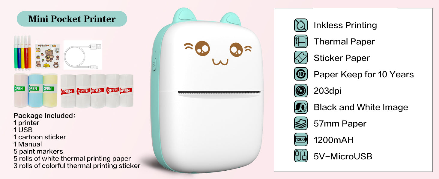 Mini Printer Portable, Inkless Sticker Printer with 8 Rolls Paper, Bluetooth Wireless mini Thermal Printer Compatible with iOS + Android for Journal, Memo, Photo, Print Pod Gifts for Girls Kids,Colour Name: Blue. Fast and free shipping.