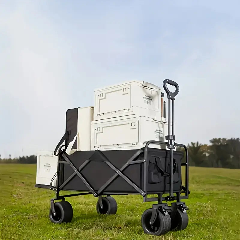 Heavy-Duty Metal & Plastic 4-Wheel Garden Cart with Side Pockets - Foldable Design, No Assembly Required, All-Terrain Utility Wagon for Lawn Care, Gardening, Camping & Outdoor Use -Durable Yard Work Cart, No Assembly Needed, Free shipping in three weeks.