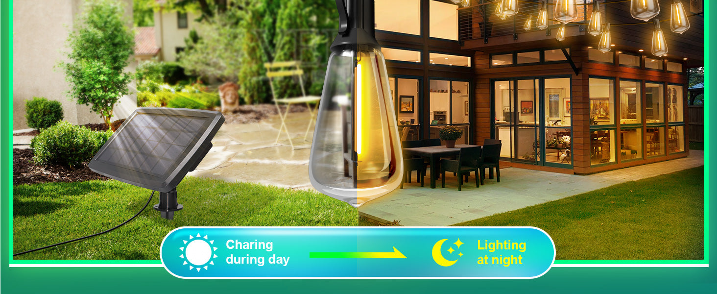 50FT Solar String Lights Outdoor Waterproof, Solar Patio Lights with 25+2 Dimmable ST38 Edison Bulbs Shatterproof,Solar Powered String Lights for Outside Garden Backyard,UL and ETL Certified,free and fast delivery.