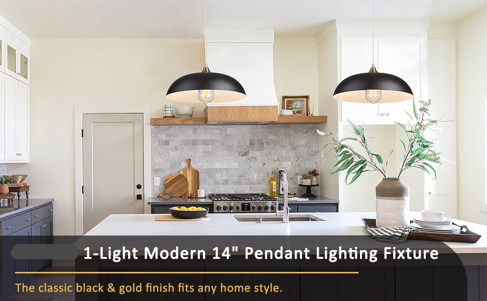 Industrial Pendant Lighting 14", 2-Pack Modern Hanging Light Fixtures with Metal Dome Shade, Black and Gold Finish, 1901M-2 BG/BK, FREE SHIPPING, CERTIFICATION ETL.