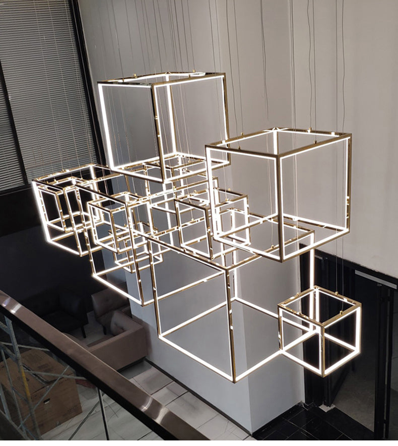 Modern Gold Square Led Chandeliers Lighting Indoor Led Pendant Chandeliers Lights Living Room Decor Hanging Lamp Lobby Luminaire.Certification: UL