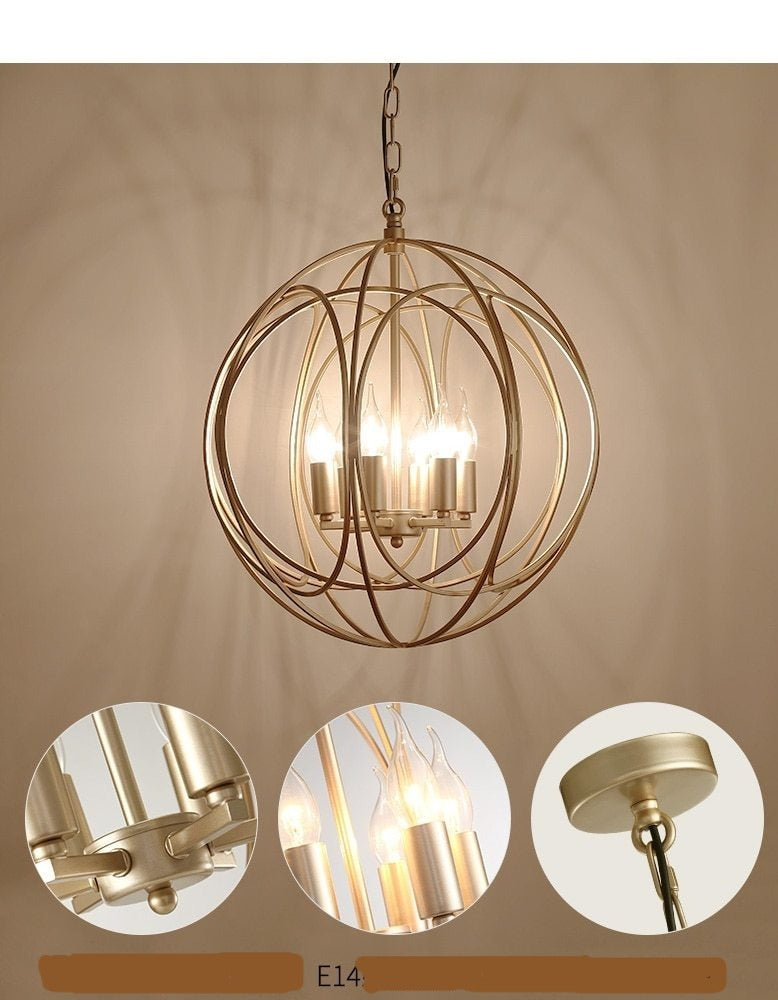 STRAK American Spherical Restaurant Chandelier Golden Wrought Iron Porch Corridor Light Fixture for Kitchen Island Dining Room Hallway Entryway