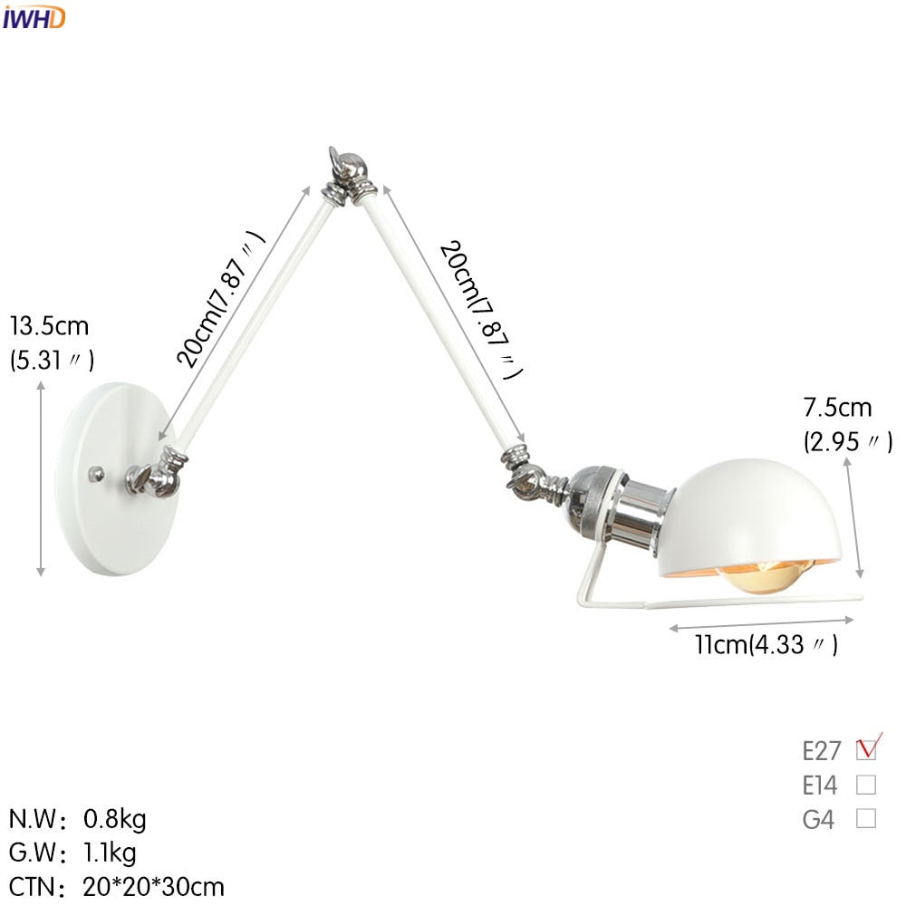 White Adjustable Swing Long Arm Wall Light Fixtures Bedroom Stair Bathroom Edison Loft Vintage Wall Lamp Sconce Lighting.Certification: UL