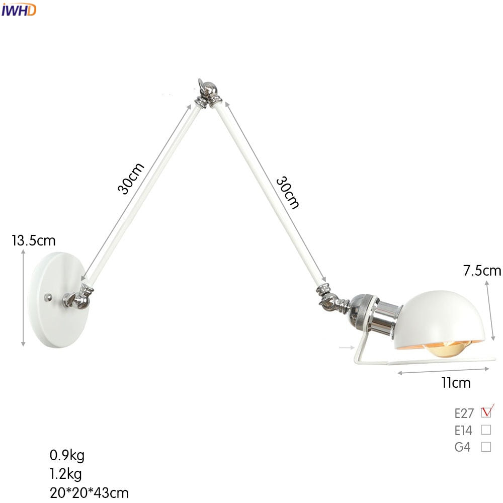 White Adjustable Swing Long Arm Wall Light Fixtures Bedroom Stair Bathroom Edison Loft Vintage Wall Lamp Sconce Lighting.Certification: UL