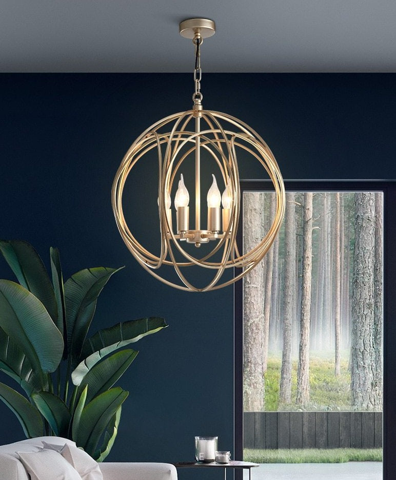 STRAK American Spherical Restaurant Chandelier Golden Wrought Iron Porch Corridor Light Fixture for Kitchen Island Dining Room Hallway Entryway
