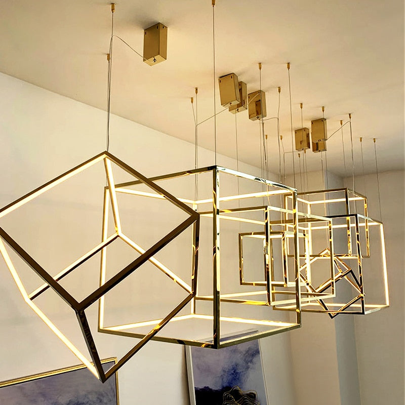 Modern Gold Square Led Chandeliers Lighting Indoor Led Pendant Chandeliers Lights Living Room Decor Hanging Lamp Lobby Luminaire.Certification: UL