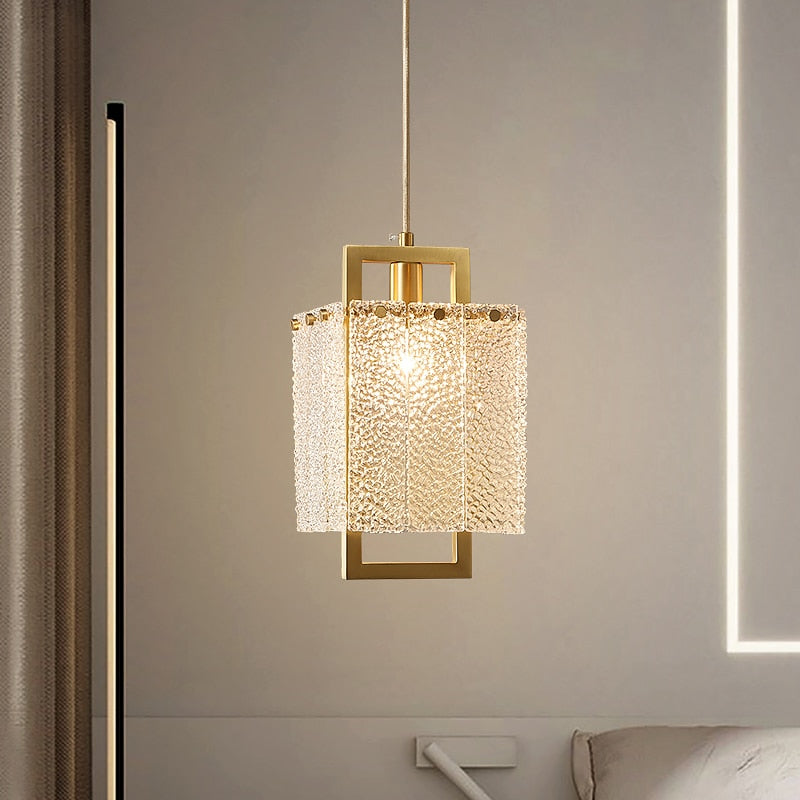 Modern Luxury Small Copper Chandelier Golden Long Hanging Lamp Creative Water Grained Light Fixtures Bedside Living Dining Room