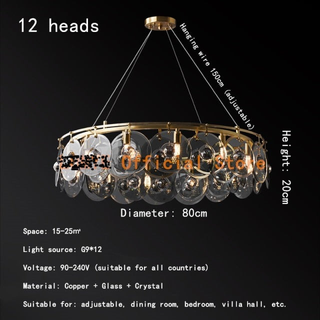 Round Pendant Lamp Black Glass Copper Lighting Crystal Chandelier Villa Hall Led Dining Room
