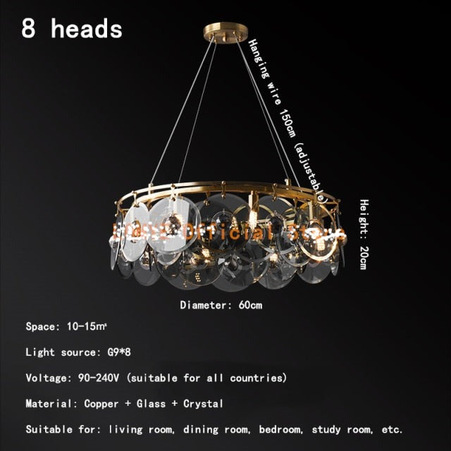 Round Pendant Lamp Black Glass Copper Lighting Crystal Chandelier Villa Hall Led Dining Room
