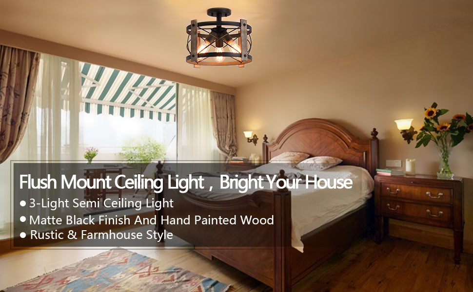 Flush Mount Light Fixture,13-inch Rustic Ceiling Light Fixture,Matte Black Finish,3-Light Farmhouse Light Fixtures for Living Room,Kitchen,Bedroom,Dining Room,Foyer,Hallway,Ceiling. Certification UL.Free shipping to Canada.limited time deal.