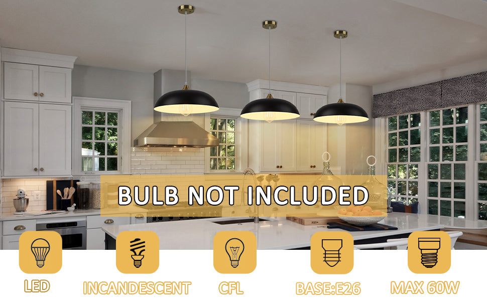 Industrial Pendant Lighting 14", 2-Pack Modern Hanging Light Fixtures with Metal Dome Shade, Black and Gold Finish, 1901M-2 BG/BK, FREE SHIPPING, CERTIFICATION ETL.
